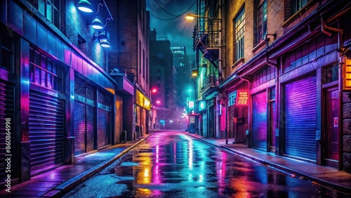 Deserted, dimly lit street with neon lights and spotlights , deserted, pitch-black, deep blue