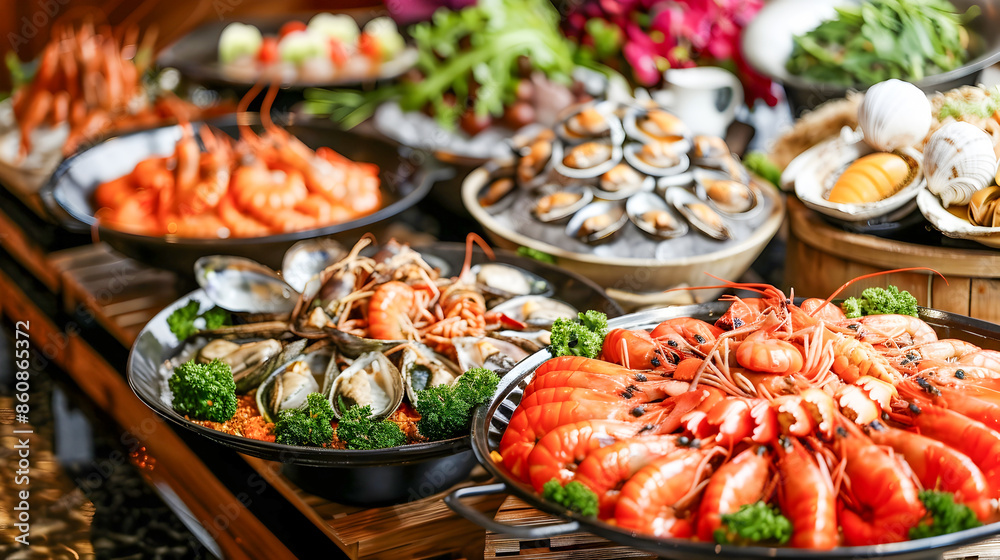 Lavish Seafood Buffet Spread Featuring an Impressive Assortment of Fresh Shellfish Crustaceans and Fish Delicacies Arranged Beautifully on a Dining Table for a Gourmet Culinary Experience Lavish Seafood Buffet Spread Featuring an Impressive Assortment of Fresh Shellfish Crustaceans and Fish Delicacies Arranged Beautifully on a Dining Table for a Gourmet Culinary Experience