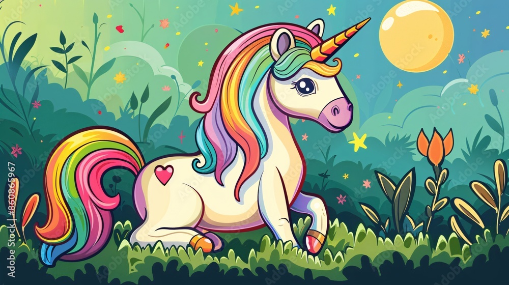 Obraz premium Colorful graffiti-style design of a unicorn with a rainbow mane in a magical meadow