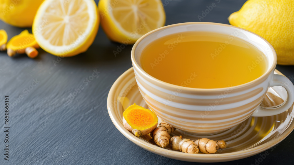 A cup of tea with a slice of lemon and a slice of ginger on a table A cup of tea with a slice of lemon and a slice of ginger on a table