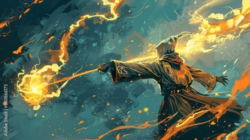 Graffiti illustration of a powerful mage with a glowing staff casting a spell