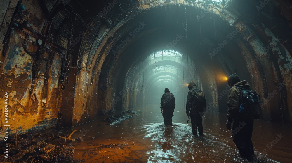Obraz premium Photograph a group of urban explorers navigating through a labyrinthine structure, their flashlight beams cutting through the darkness to reveal shimmering surfaces.