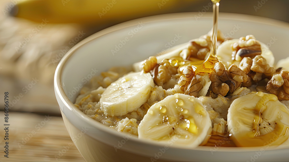 Close-up of oatmeal with bananas, walnuts, honey on rustic table, cozy kitchen, morning light. Close-up of oatmeal with bananas, walnuts, honey on rustic table, cozy kitchen, morning light.