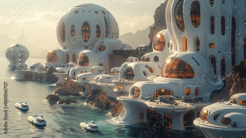 Zoom out to reveal a sprawling arcology rising from the ocean depths, its geometric structures gleaming in the sunlight as aquatic vehicles glide between them. photo