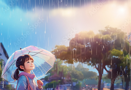 a girl holding an umbrella and looking up at the sky