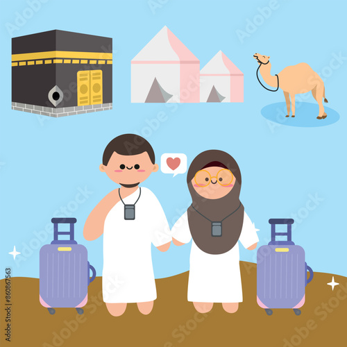 Set of cute hajj and umrah in kawaii style. Eid al Adha elements vector set