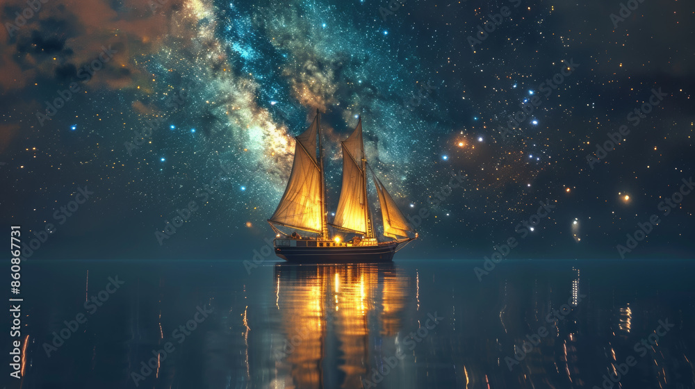 A boat is sailing in the ocean at night with a starry sky above A boat is sailing in the ocean at night with a starry sky above