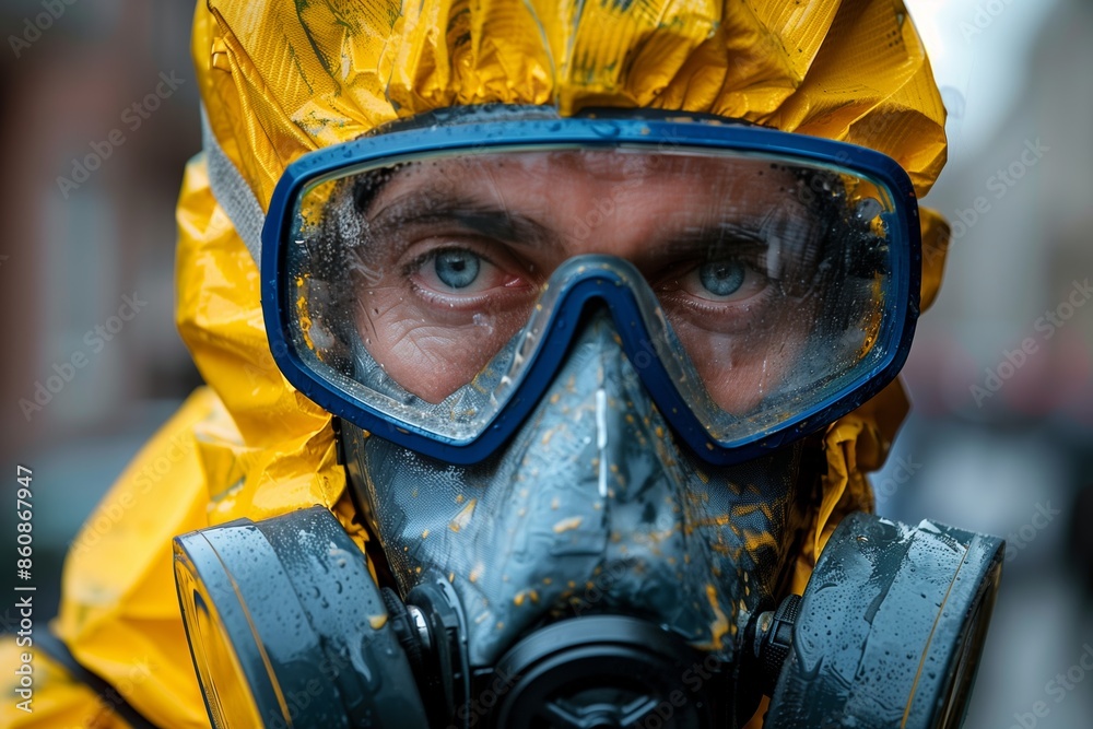 Close Up Portrait of a Man Wearing a Protective Respirator and Goggles Close Up Portrait of a Man Wearing a Protective Respirator and Goggles