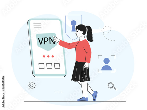 Woman with VPN. Virtual private network. Internet security and personal data protection. Application for bypassing network blocking. Linear flat vector illustration
