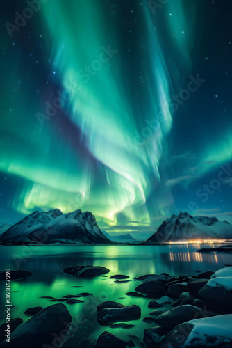 Majestic Aurora Borealis over snowy peaks reflecting in tranquil waters