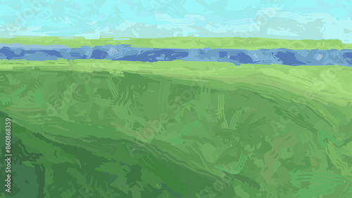 Landscape with river. Vector textured illustration with paint strokes