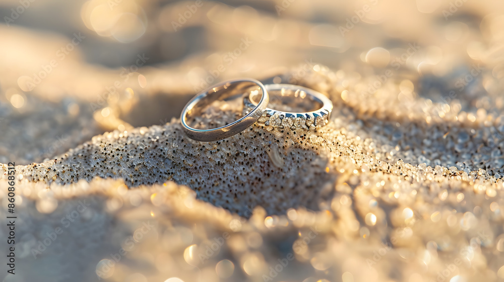 Photos of wedding rings on sand at beach : Generative AI Photos of wedding rings on sand at beach : Generative AI