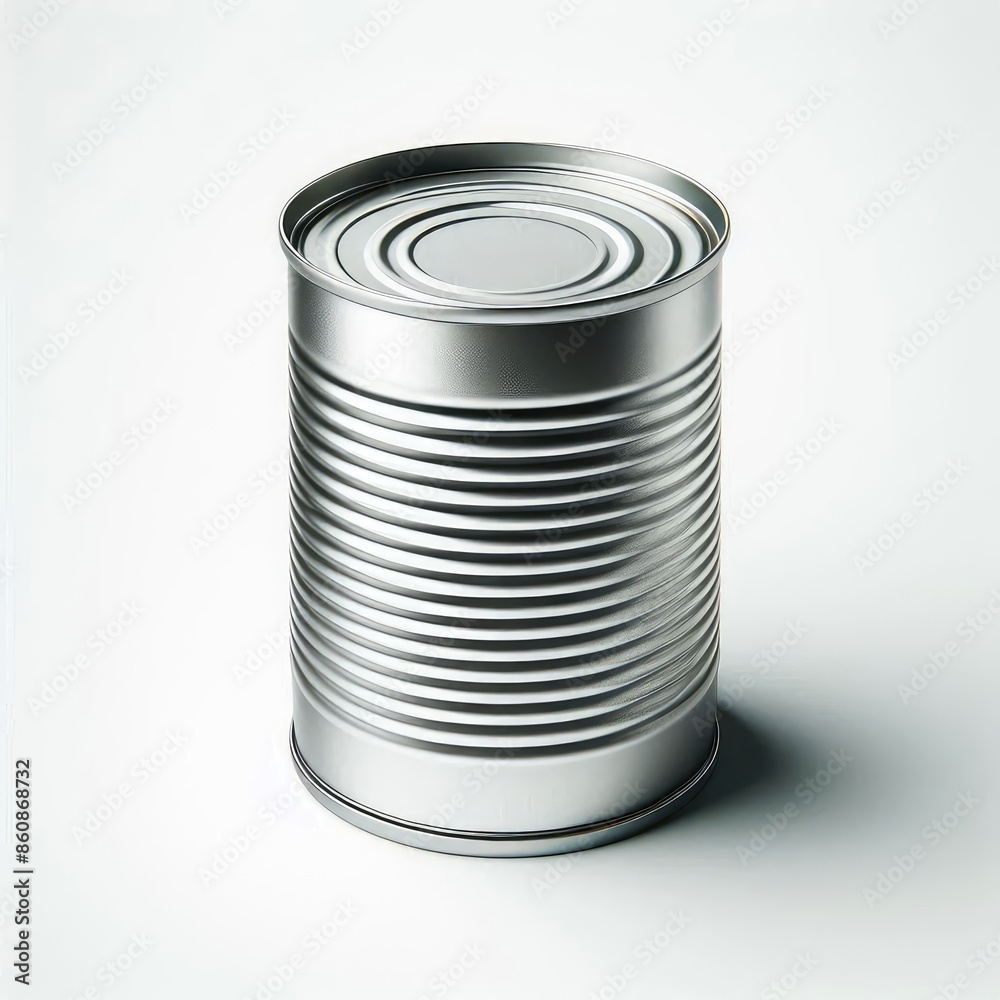 Close-up of blank metallic packaging tin can mock-up Side View isolated on a white background Close-up of blank metallic packaging tin can mock-up Side View isolated on a white background