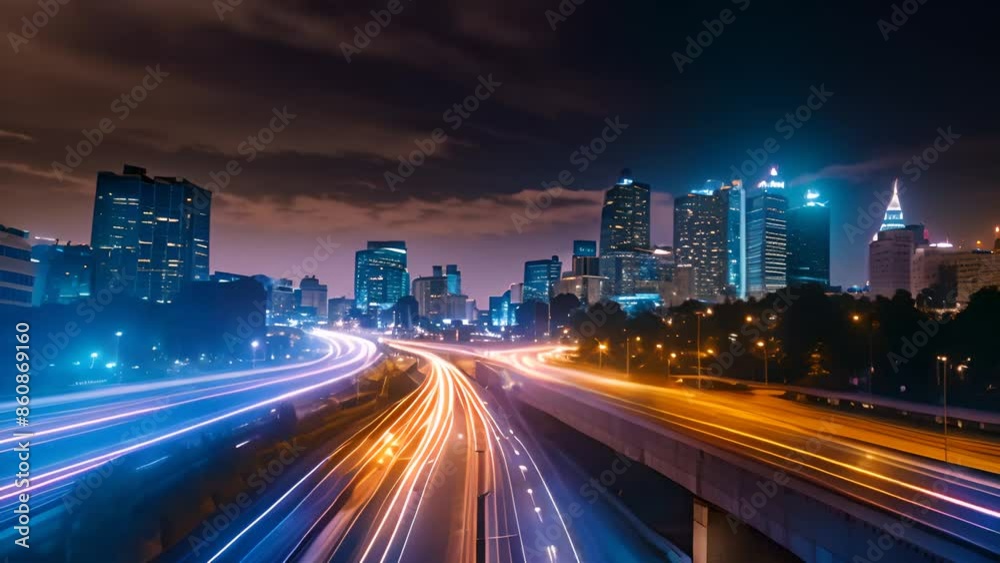 Skyline at Night With Traffic Lights Generative AI