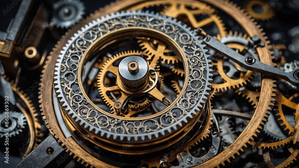 Obraz premium Vintage macro of a rusty, intricate clockwork mechanism, with gears and cogs interlocked in a dance of time
