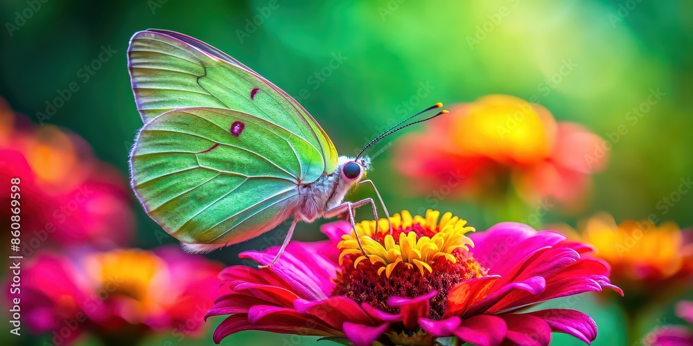 Obraz premium Green butterfly moth sitting on a colorful flower, insect, nature, macro, butterfly, moth, green, vibrant, plant, petal