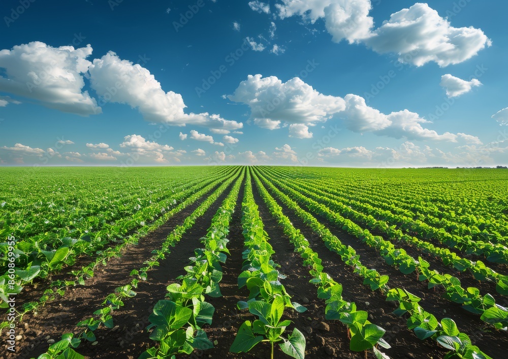 Rows of Green Crops in a Vast Farm Field Under a Blue Sky Rows of Green Crops in a Vast Farm Field Under a Blue Sky