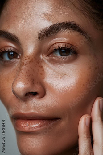 Detailed Close-Up of a Young Woman in Her 30s with Glowing, Healthy Skin, Without Makeup