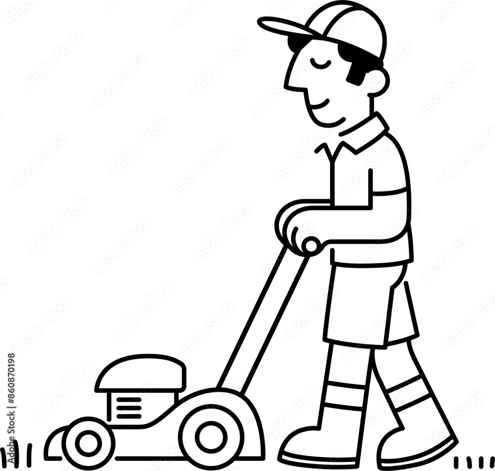 Cartoon illustration of man mowing lawn with a lawn mower, simple black and white line drawing. Cartoon illustration of man mowing lawn with a lawn mower, simple black and white line drawing.
