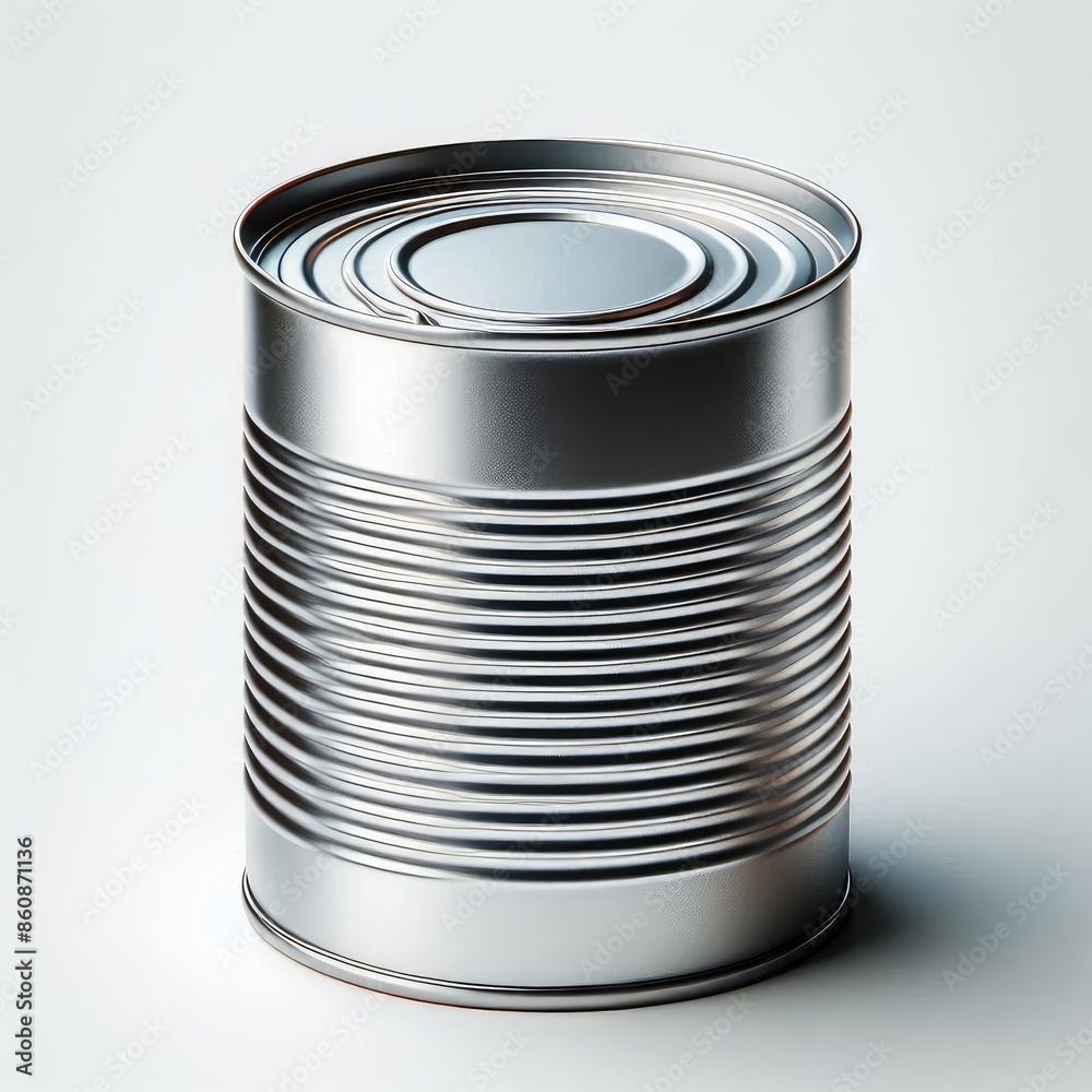 Close-up of blank metallic packaging tin can mock-up Side View isolated on a white background Close-up of blank metallic packaging tin can mock-up Side View isolated on a white background
