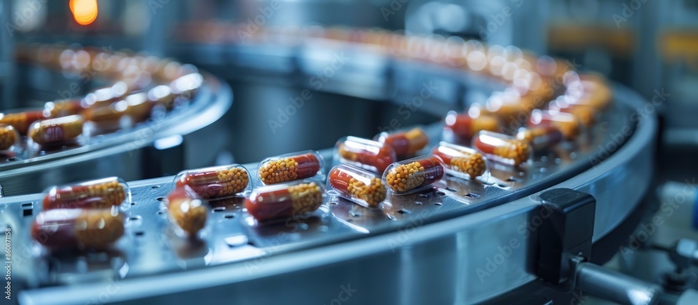 Capsules Moving Along A Conveyor Belt in a Pharmaceutical Factory Capsules Moving Along A Conveyor Belt in a Pharmaceutical Factory