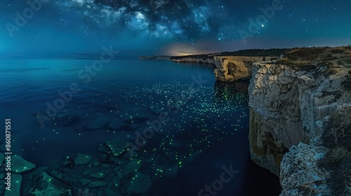 A cliff overlooking a sea where the water glows with phosphorescence, and stars reflect clearly in the calm night.