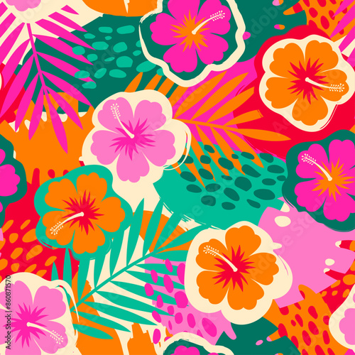 Colorful hibiscus flower with tropical leaf seamless pattern design for summer holidays background.