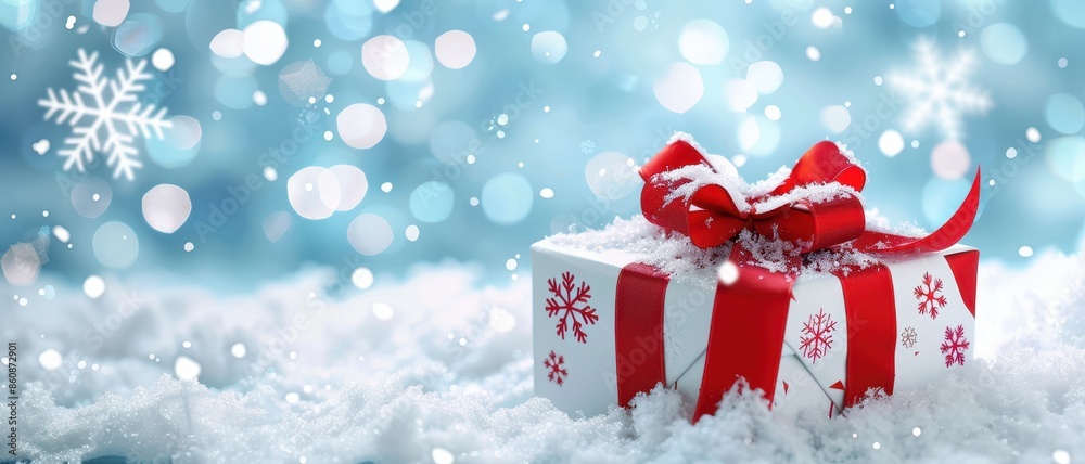 A festive red bow and snowflakes adorn the holiday-themed gift box A festive red bow and snowflakes adorn the holiday-themed gift box