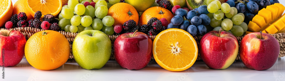 A basket of fruit including apples, oranges, and grapes A basket of fruit including apples, oranges, and grapes