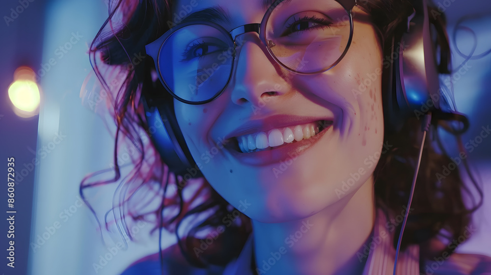 Head shot smiling young creative businesswoman in glasses wearing wireless headphones enjoying video call conversation with partners or giving professional consultation to client onlin : Generative AI Head shot smiling young creative businesswoman in glasses wearing wireless headphones enjoying video call conversation with partners or giving professional consultation to client onlin : Generative AI