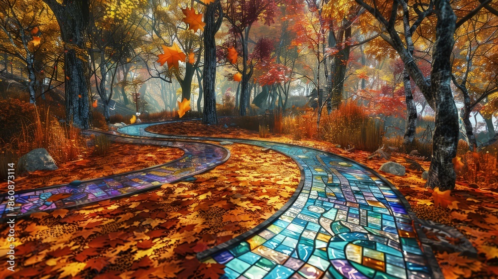 A crossroads where paths of stained glass wind through a vibrant autumn ...