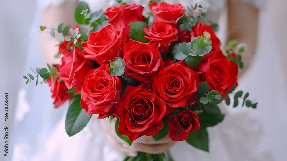 bride holding beautiful red roses wedding flowers bouquet selective focus : Generative AI bride holding beautiful red roses wedding flowers bouquet selective focus : Generative AI