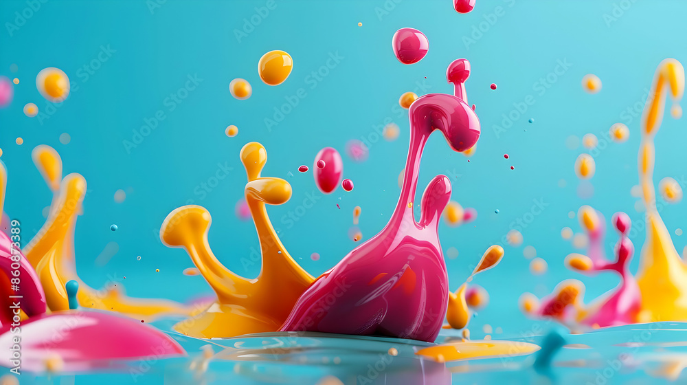 Naklejka premium Vibrant splashes of colorful paint against a blue background, creating a dynamic and lively abstract art piece.