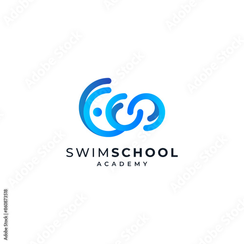 swimming academy and school logo with accents of people swimming and splashing water