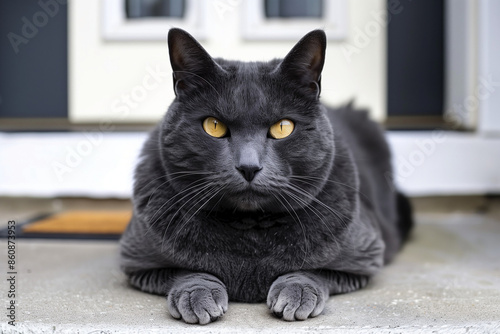 Gray Cat with Lavender Eyes Rests on a Quaint Suburban Porch: Peaceful Repose in Quiet Suburbia