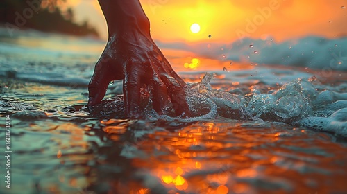 Male hand interacting with ocean water at sunset.