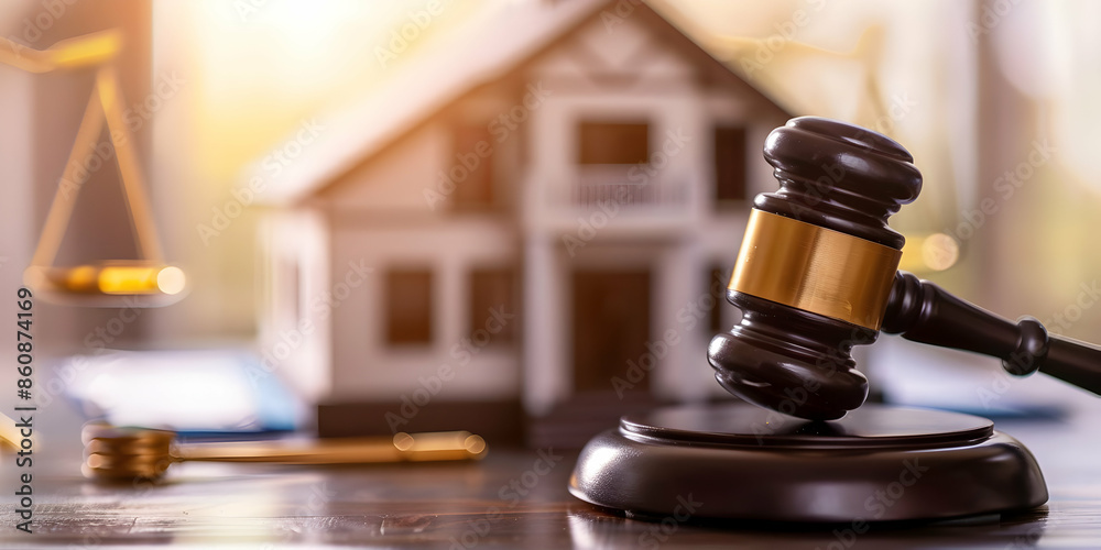 A wooden gavel rests on a block with a miniature house in the background, symbolizing legal matters and real estate. A wooden gavel rests on a block with a miniature house in the background, symbolizing legal matters and real estate.