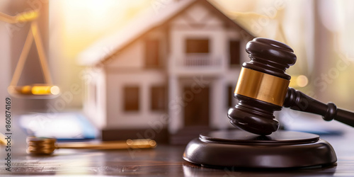 A wooden gavel rests on a block with a miniature house in the background, symbolizing legal matters and real estate. photo