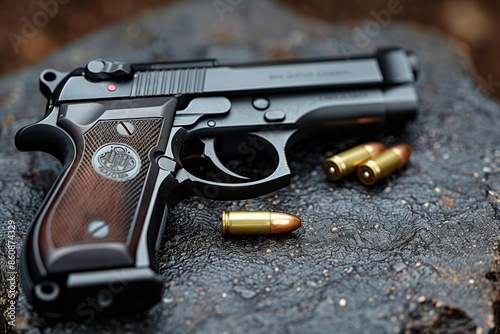 photo of handgun and bullets on dark stone table top