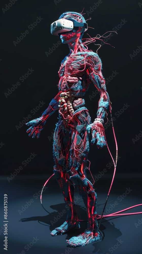 A man with a body made of wires and red veins generated by AI A man with a body made of wires and red veins generated by AI