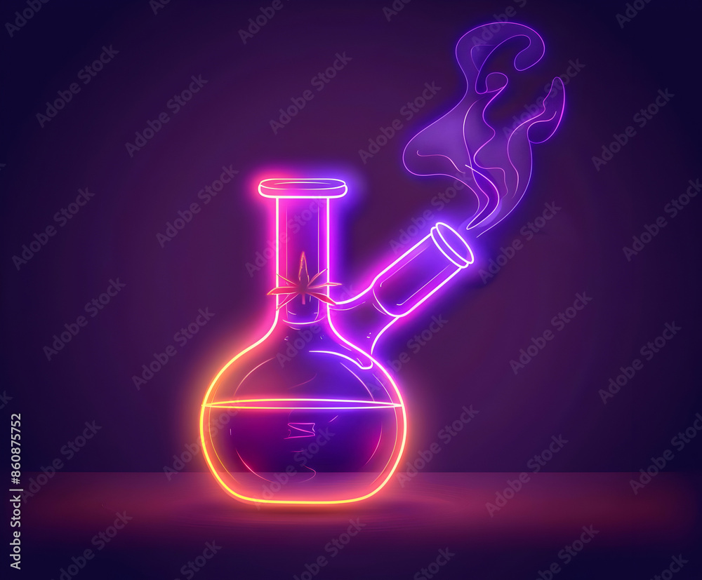A glowing neon bong with smoke rising from it, against a dark background.