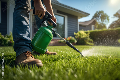 Lawn care in action. Close-up of pesticide application on a sunny day