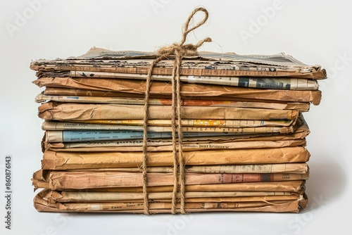 A bundle of old newspapers with a white background