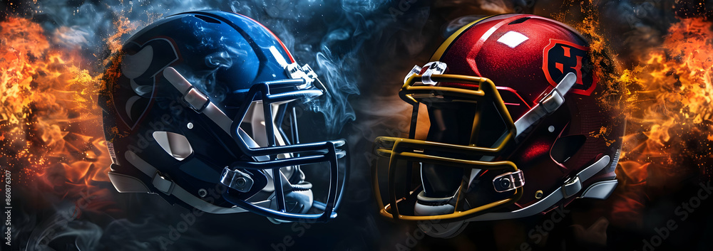 Two football helmets, one blue and one red, facing off with flames behind them. Two football helmets, one blue and one red, facing off with flames behind them.