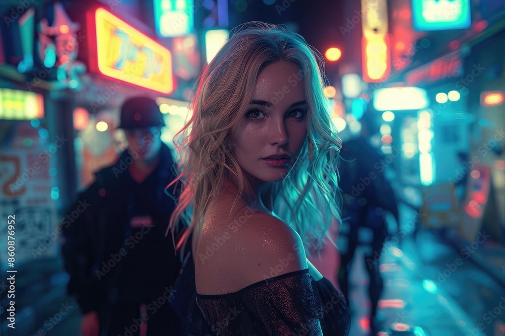 High rise buildings in the city at night, young women High rise buildings in the city at night, young women