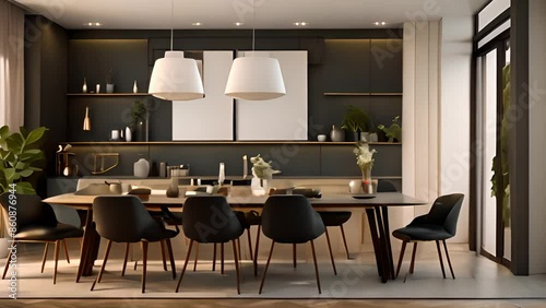 Modern Dining Room With Wooden Table And Black Chairs Generative AI