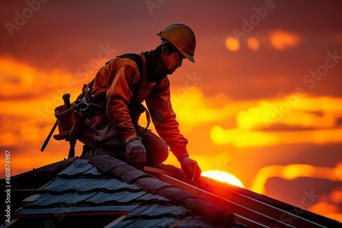 photo of construction site roofer or Carpenter working on Roof at sunset © mattegg
