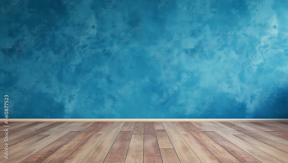 Empty room with a textured blue wall and smooth wooden floor. The blue wall has a cloudy, abstract pattern, while the floor features a natural wood finish with varied tones. Empty room with a textured blue wall and smooth wooden floor. The blue wall has a cloudy, abstract pattern, while the floor features a natural wood finish with varied tones.