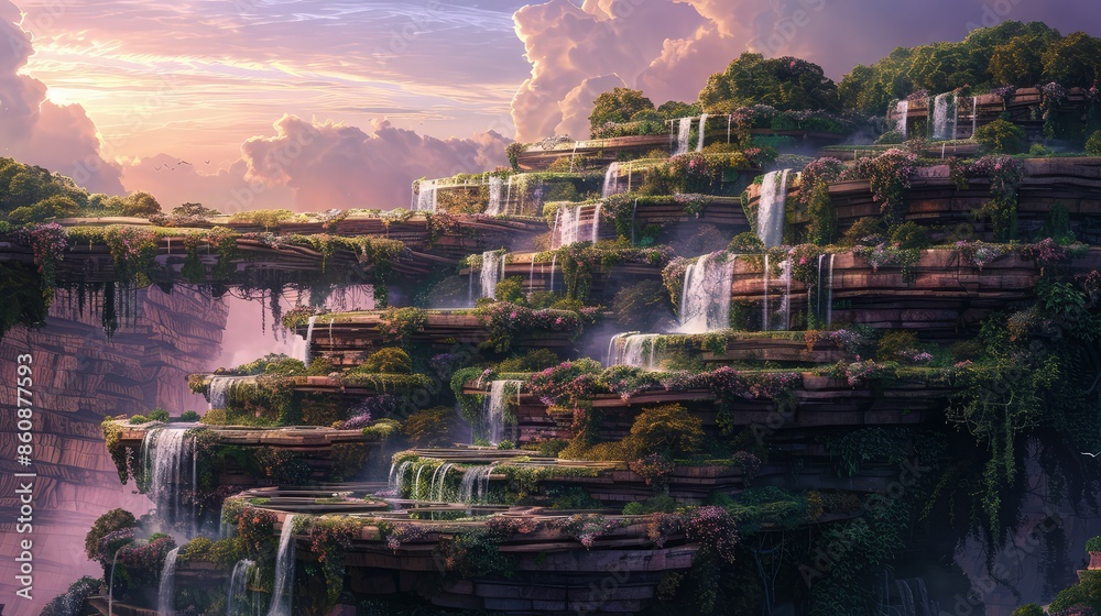 Obraz premium A panoramic fantasy vista of layered rock terraces, each level thriving with exotic flora, cascading waterfalls connecting each tier, under a pastel-colored sky.