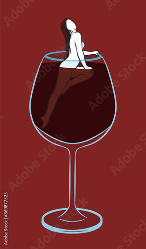 Naked woman inside a giant wine glass. Wine red background.